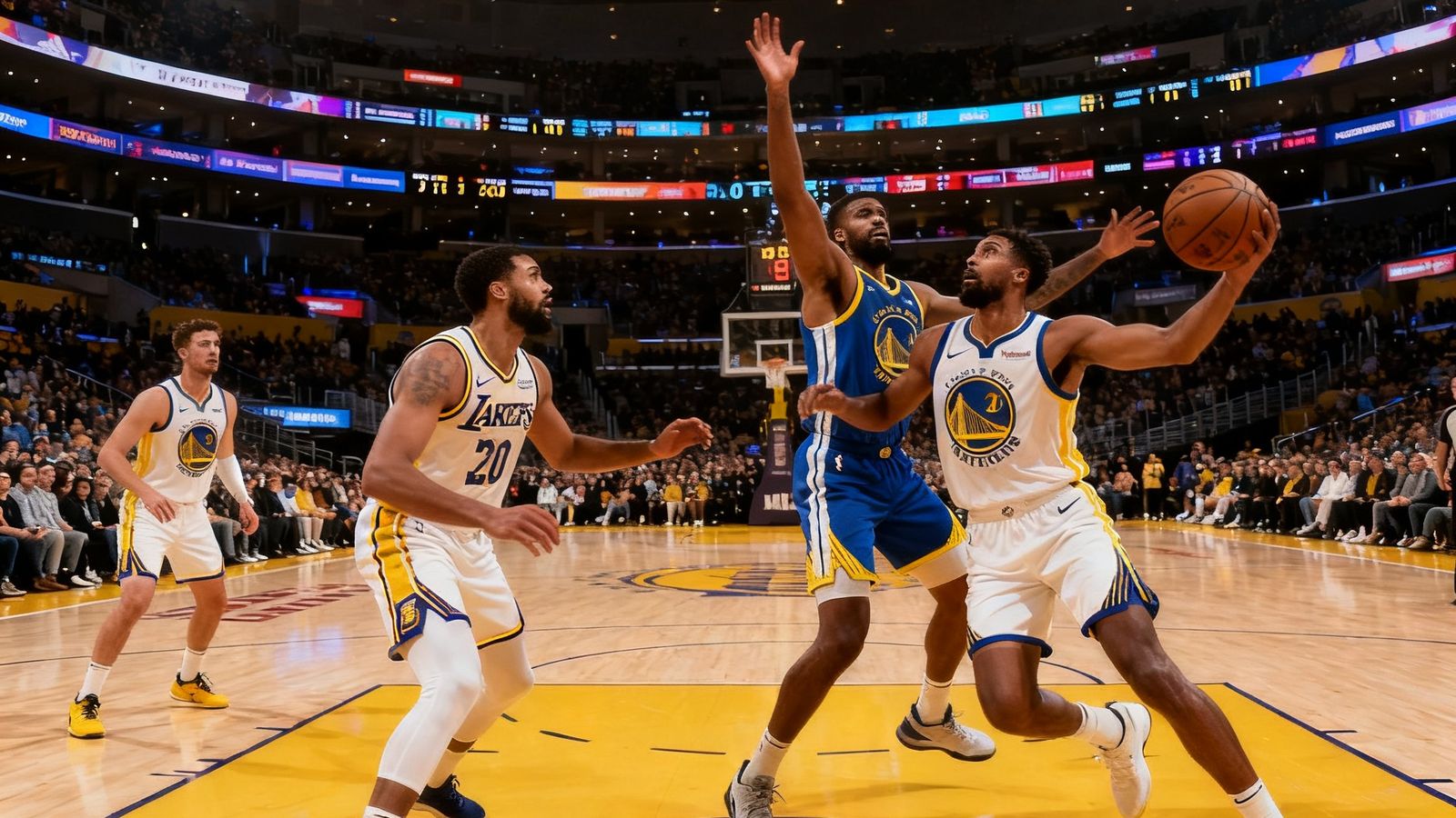 NBA季后赛直播画面，湖人队对阵勇士队第四节关键时刻，球馆内灯光璀璨，球员激烈拼抢，比分胶着